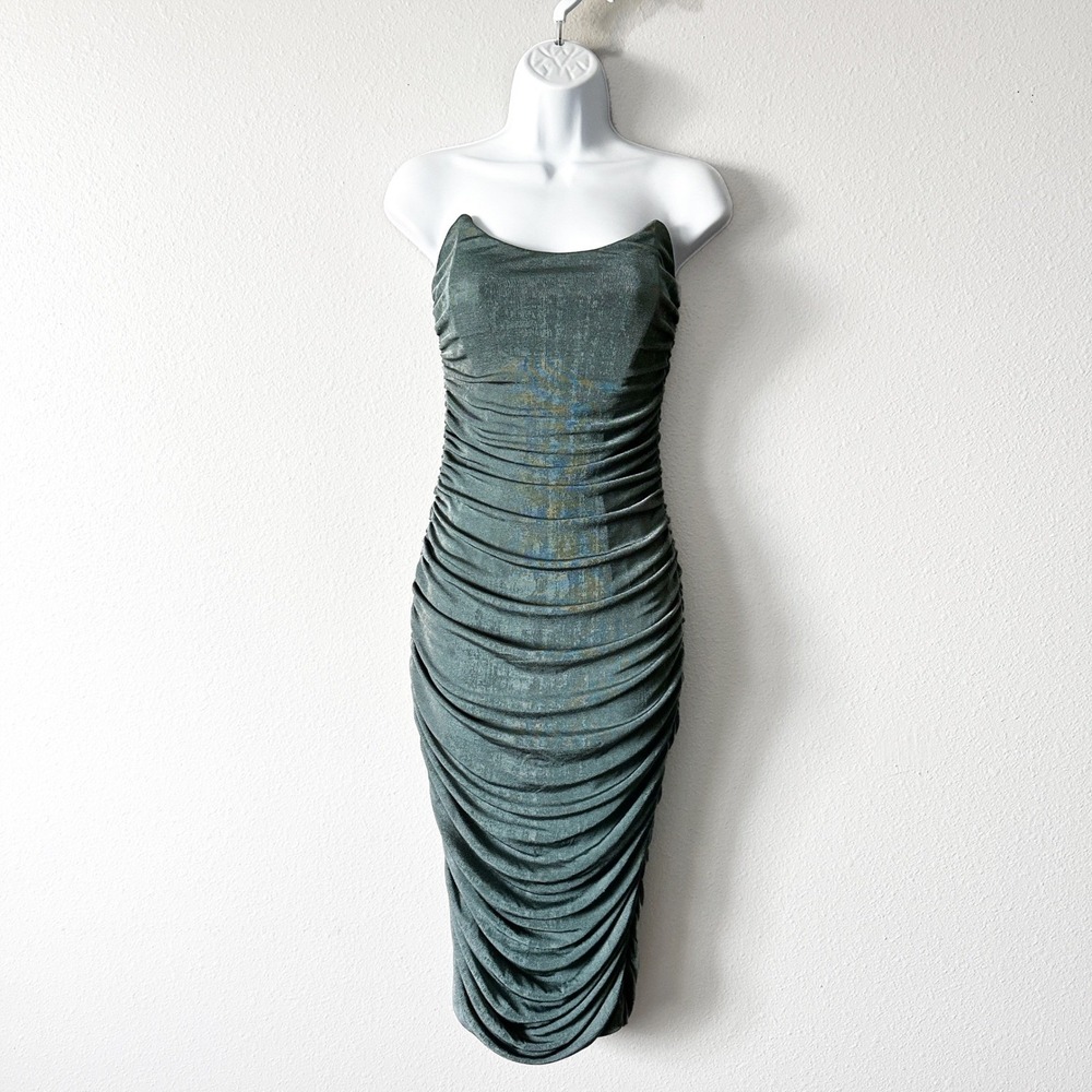 MABLE Ruched‎ Strapless Midi Bodycon Dark Teal Dress women's size small